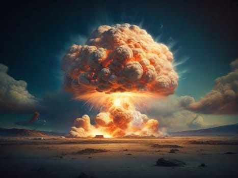 Terrible explosion of a nuclear bomb with a mushroom in the desert. Hydrogen bomb test. Nuclear catastrophe.