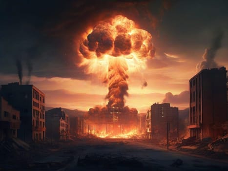 A terrible explosion of a nuclear bomb with a mushroom in a large city. Hydrogen bomb test. Nuclear disaster.