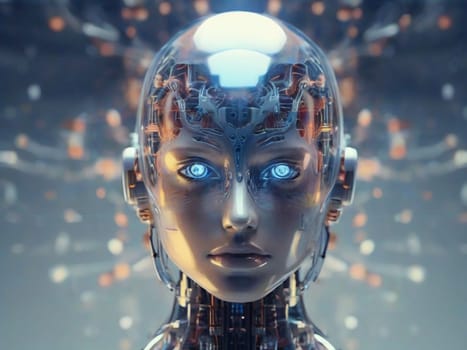 View of a humanoid robot head with blue eyes and a neural network, representing futuristic technology and artificial intelligence