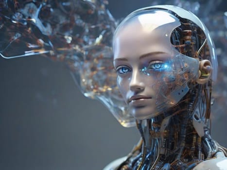 Side view of a humanoid robot head with blue eyes and a neural network, representing futuristic technology and artificial intelligence