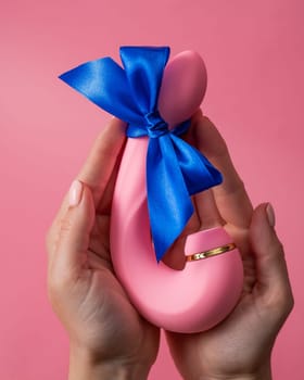 Woman holding curved dildo with blue ribbon on pink background