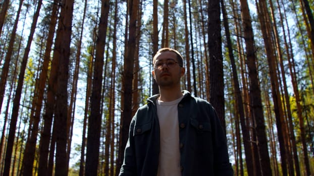 Young man spending time alone in summer forest. Stock footage. Walking along pine trees on a sunny day