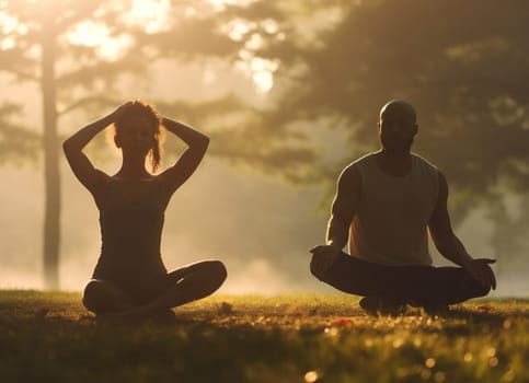 Young couple doing yoga at sunset. Healthy lifestyle . High quality photo