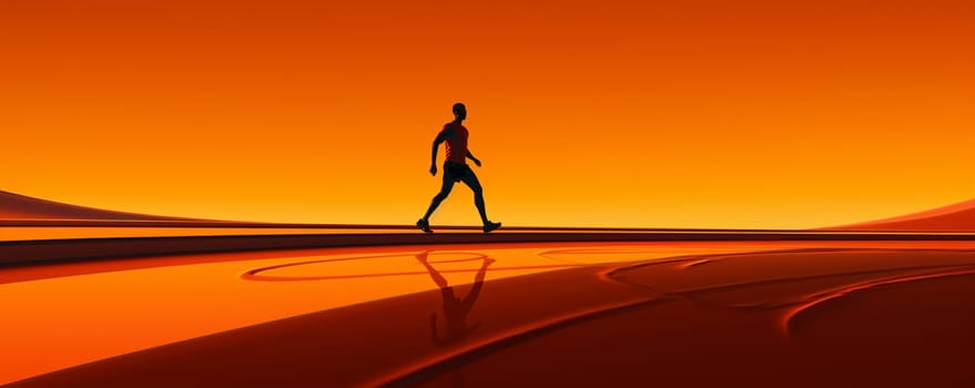A silhouetted man runs across a dune at sunset with an exotic desert backdrop. High quality photo