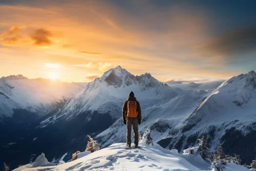 Digital painting of a man hiking in the snow. High quality photo