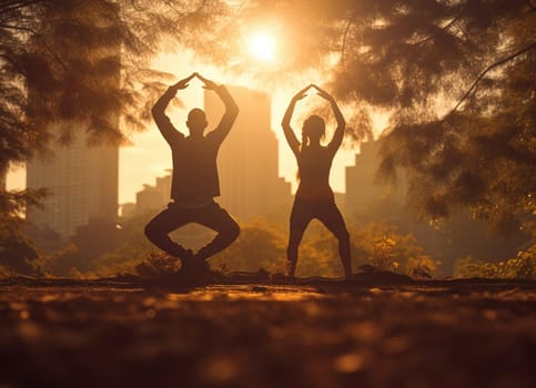 Young couple doing yoga at sunset. Healthy lifestyle . High quality photo
