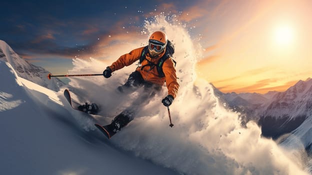 Sliding professional skier in orange warm sport suit with googles. Extreme downhill. Scenic picturesque mountain landscape. Winter holiday resort and vacation. High quality photo