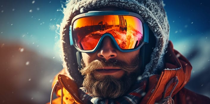 Close-Up Portrait of Caucasian holiday man with beard in winter snow landscape. Beautiful mountains view reflected in ski glasses. Sunny frozen day. High quality photo