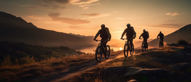 Silhouette group friend and bike on blurry sunset background. High quality photo