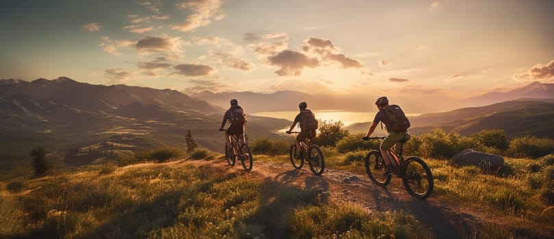 Cycling outdoor adventure in Dolomites. Cycling woman and man on electric mountain bikes in Dolomites landscape. Couple cycling MTB enduro trail track. Outdoor sport activity. High quality photo