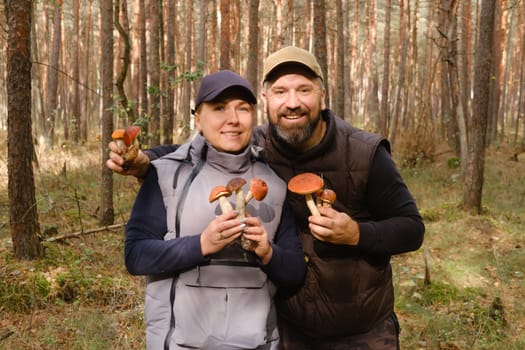 Two mushroom pickers in the forest are holding aspen trees in their hands. Mushrooms in the forest. Mushroom picking.