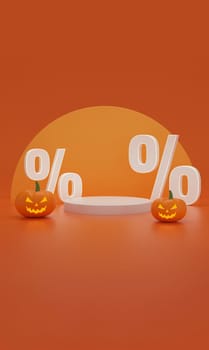 Happy Halloween sale display podium with cartoon pumpkin on orange background, copy space text. 3d rendering. Vertical Size.