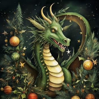 Christmas postcard, green dragon on decorated christmas tree background, christmassy, festive