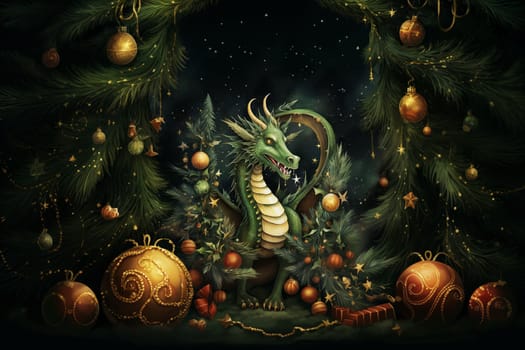 Christmas postcard, green dragon on decorated christmas tree background, christmassy, festive