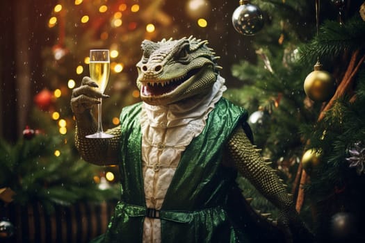 Photo of happy green dragon with champagne on decorated christmas tree background