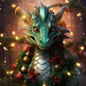 Christmas postcard, green dragon on decorated christmas tree background