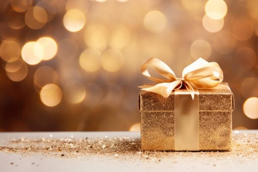 Holidays golden gift box with ribbons on bokeh holiday backgrounds