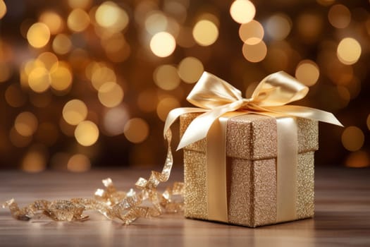 Holidays golden gift box with ribbons on bokeh holiday backgrounds