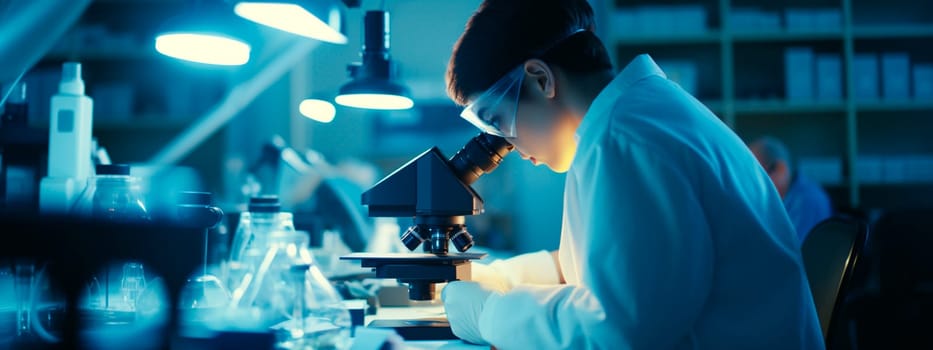 A man in a laboratory looks through a microscope. Selective focus. people.