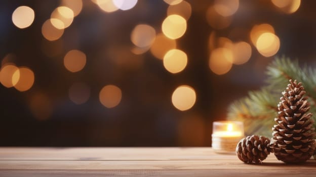 Merry Christmas and Happy New Year background with empty wooden table over Christmas tree and blurred light bokeh. Empty display for product placement. Rustic vintage Xmas 2024 background. comeliness