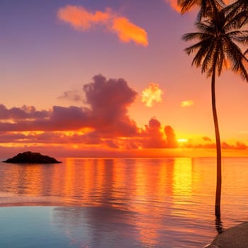 Beautiful sunset at tropical beach with silhouette of trees and orange, pink, blue, sky for copy space and multimedia content creation for travel and vacation in holiday relax time