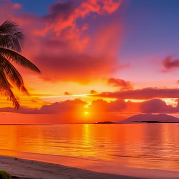 Beautiful sunset at tropical beach with silhouette of trees and orange, pink, blue, sky for copy space and multimedia content creation for travel and vacation in holiday relax time