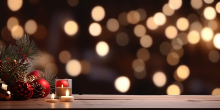 Merry Christmas and Happy New Year background with empty wooden table over Christmas tree and blurred light bokeh. Empty display for product placement. Rustic vintage Xmas 2024 background. comeliness