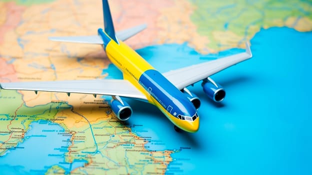 An airplane on a blue and yellow map background. Selective focus. Ukraine.