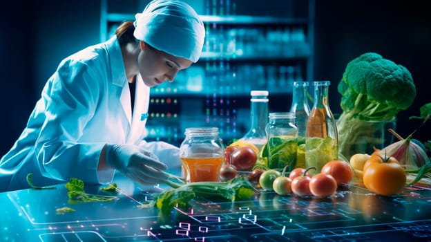 A man in a laboratory examines vegetables and fruits. Selective focus. food.