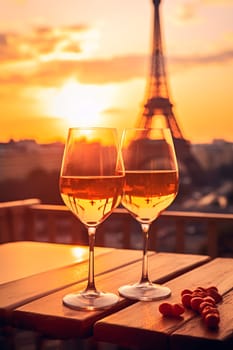 Glass of wine sunset Eiffel Tower background. Selective focus. Holiday.