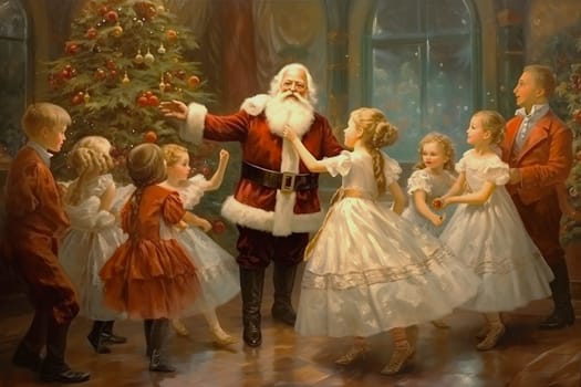 Greeting card in vintage style - Santa Claus among children of different ages and genders on the background of an old Christmas tree, Merry Christmas, Happy New Year