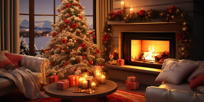 Interior of decorated living room with Christmas tree and comfortable sofa for family comeliness