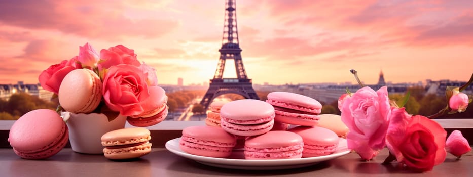 Macarons with the Eiffel Tower in the background. Selective focus. food.