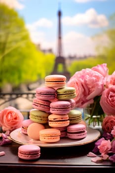 Macarons with the Eiffel Tower in the background. Selective focus. food.