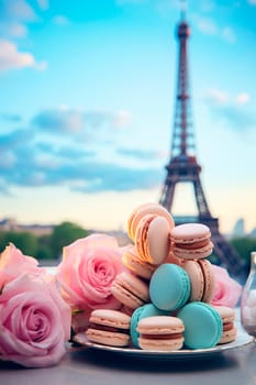 Macarons with the Eiffel Tower in the background. Selective focus. food.