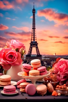 Macarons with the Eiffel Tower in the background. Selective focus. food.