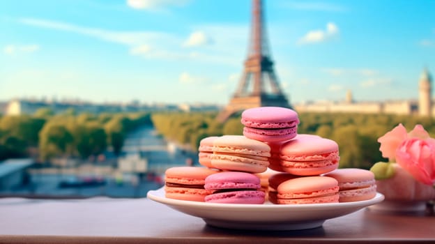 Macarons with the Eiffel Tower in the background. Selective focus. food.