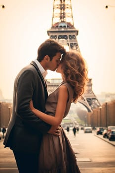Happy young man and woman in love in Paris. Selective focus. lovers,