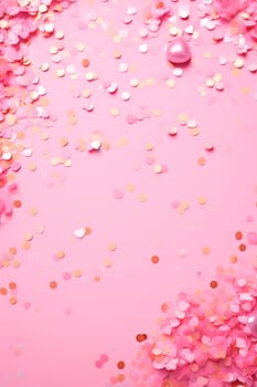 Pink background with sparkles and confetti. Selective focus. Holiday.