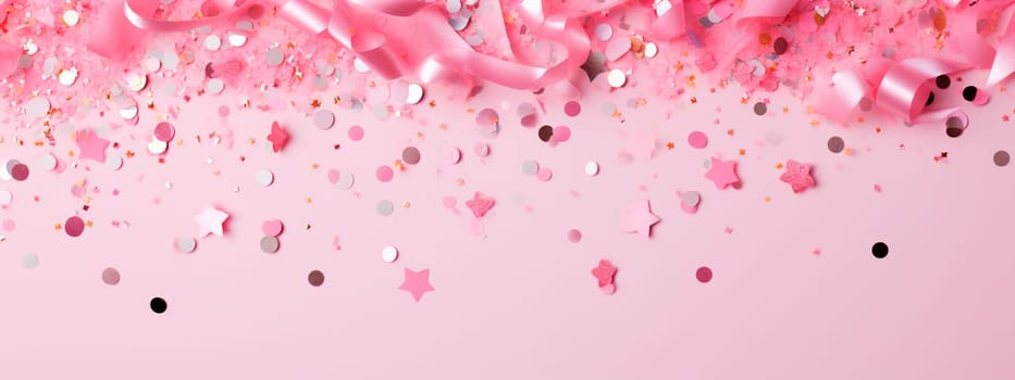 Pink background with sparkles and confetti. Selective focus. Holiday.