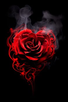 Red rose heart in smoke on a black background. Selective focus. Valentine.