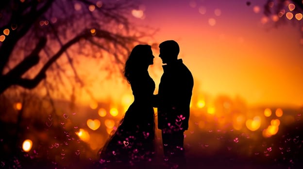 Silhouette of lovers at sunset. Selective focus. Love.