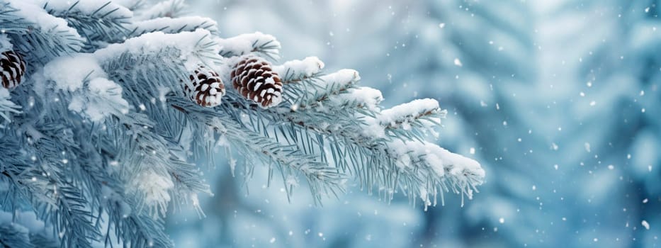 Snow-covered fir branch in the forest. Selective focus. Nature.