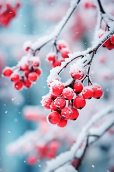 Snow-covered branch with red berries in the forest. Selective focus. Nature.