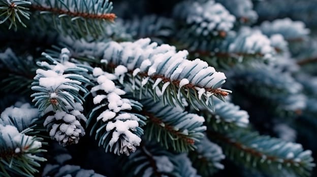 Snow-covered fir branch in the forest. Selective focus. Nature.