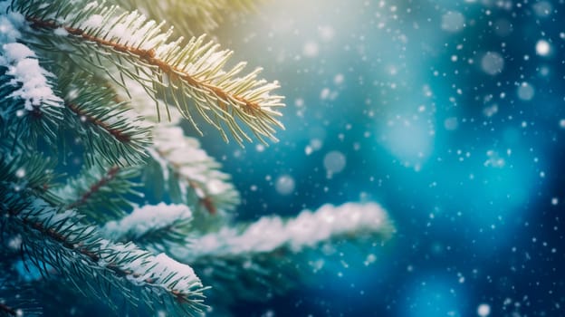 Snow-covered fir branch in the forest. Selective focus. Nature.