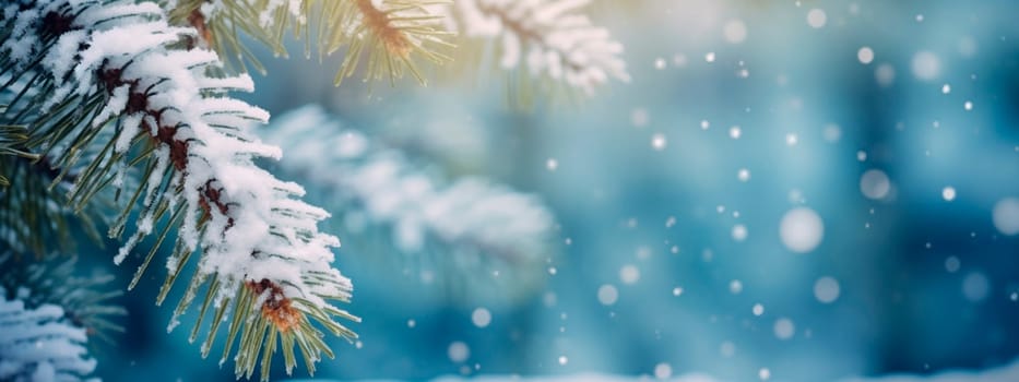 Snow-covered fir branch in the forest. Selective focus. Nature.