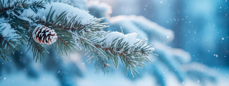 Snow-covered fir branch in the forest. Selective focus. Nature.