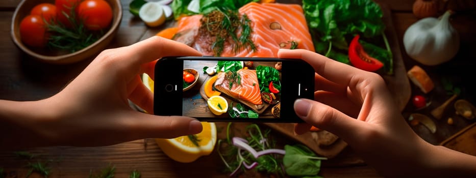 A man films a plate of fish on his phone. Selective focus. Food.