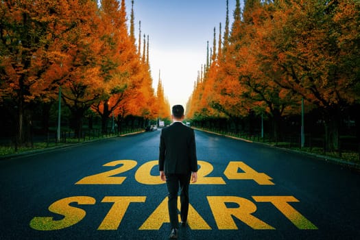 2024 New Year journey and future vision concept . Businessman traveling on highway road leading forward to happy new year celebration in beginning of 2024 for bliss and successful start .